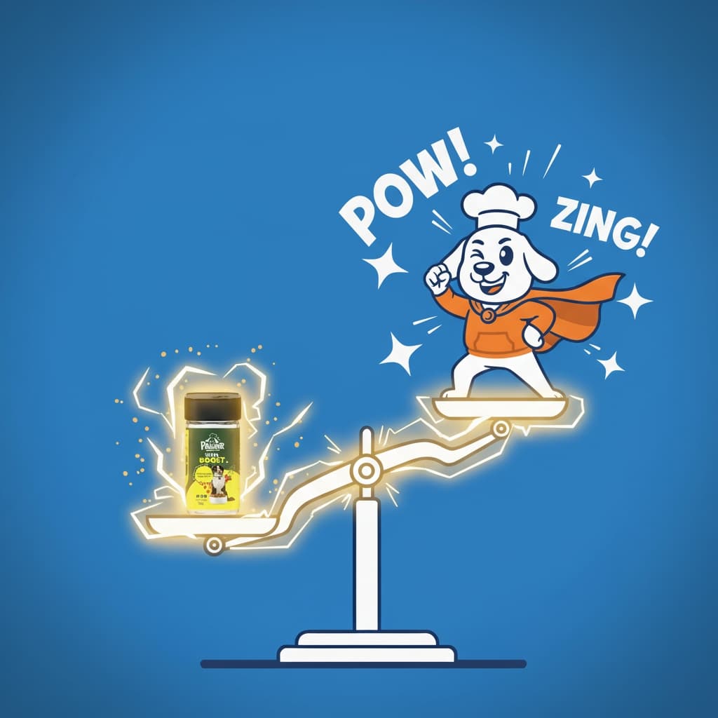 Superhelden-Hund mit PAWDER Produkt auf Waage - POW ZING