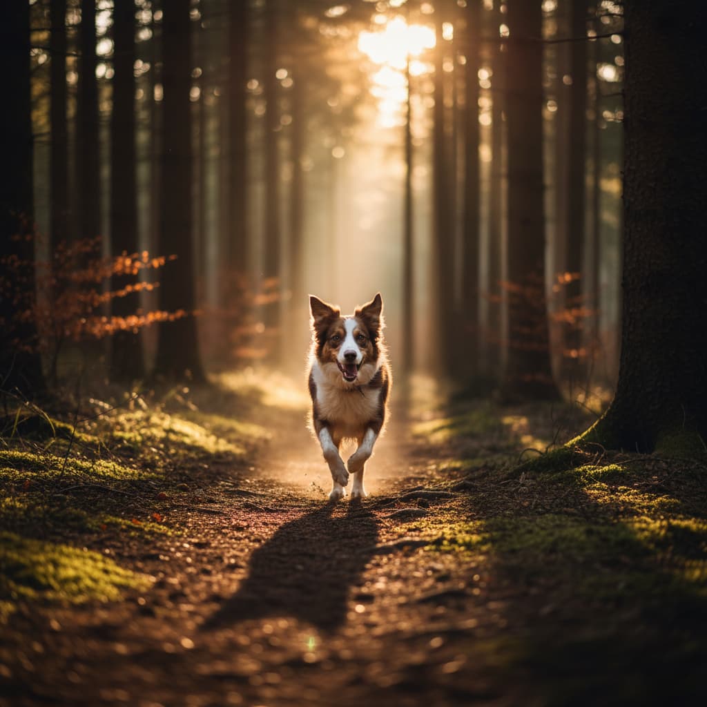 Gesunder Hund läuft durch den Wald