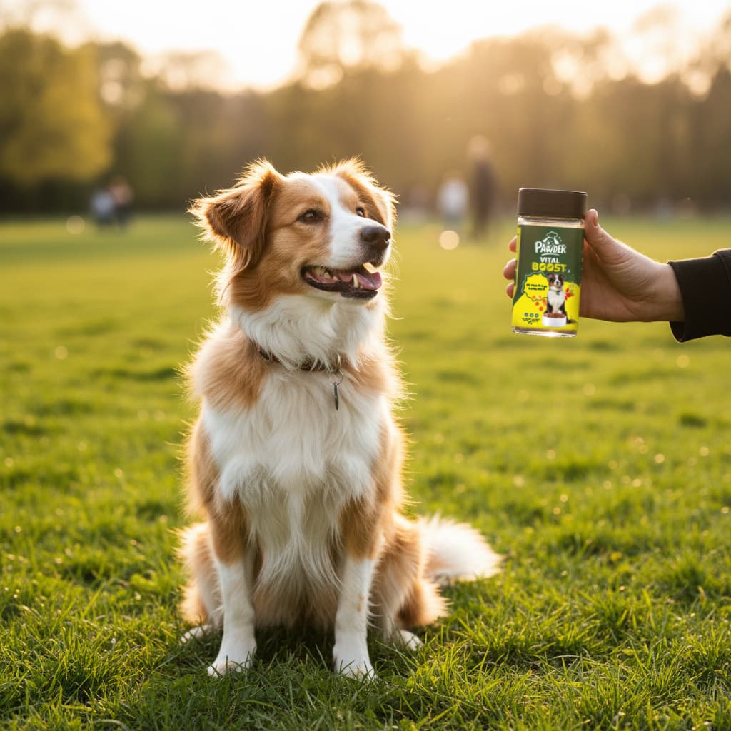 Glücklicher Hund mit PAWDER im Park