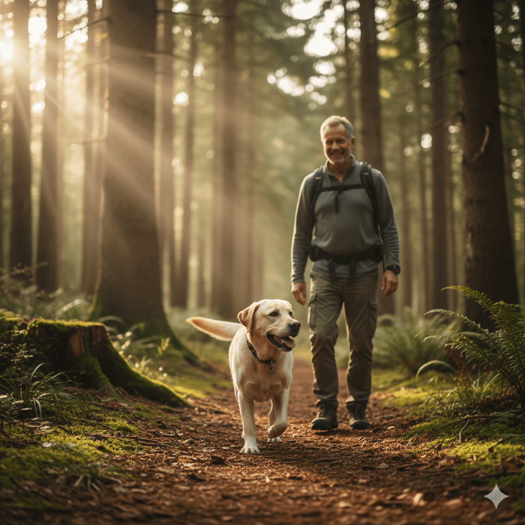 Mann wandert mit gesundem Labrador im Wald